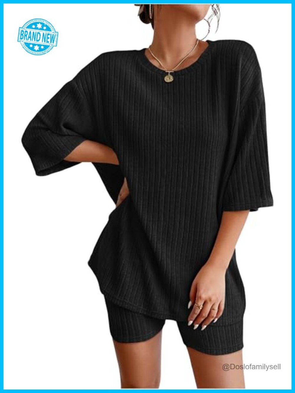 Ribbed Knit Lounge Set - 2 Piece T-Shirt & Biker Shorts Matching Outfit